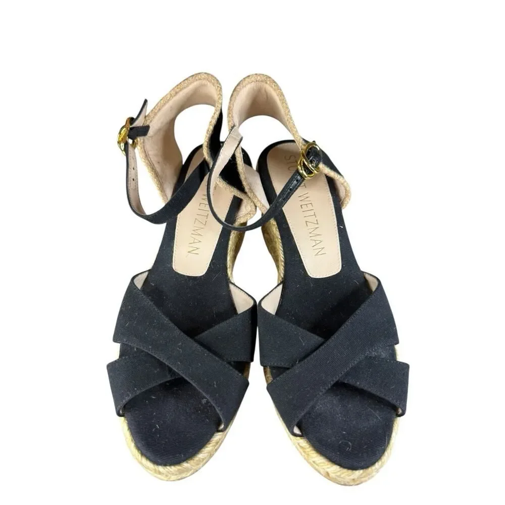 Stuart Weitzman Mirela Espadrille Wedge Sandals Black Natural 9B - Picture 5 of 11
